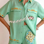 Linen Blend Loose-fitting Short-sleeved Button-down Shirt and Casual Pocket Shorts Set