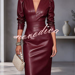 Faux PU Leather V-Neck Long Sleeve Stretch Pencil Midi Dress