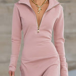 Elegant Retro Sporty V-neck Front Zipper Long-sleeved Pink Maxi Dress