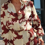 Botanical Print Collared Long-sleeved Loose-fitting Shirt and Elastic Waist Casual Shorts Set