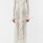 Vivianna Floral Lace Ruffles Trim Long Bell Sleeve Lapel Maxi Dress