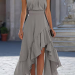 Solid Color Halter Neck Fitted Waist Irregular Ruffle Maxi Dress