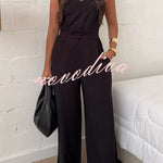 Elaris Linen Blend V-neck Tie-up Waist Pocketed H-line Wide Leg Jumpsuit