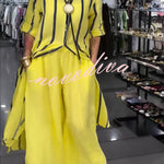 Ruan Linen Blend Stripe Print Long Sleeve Midi Shirt and Elastic Waist Pocketed Loose Pants Set