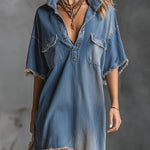 Stylish And Casual Frayed-edge Blue Denim Short-sleeved Mini Dress