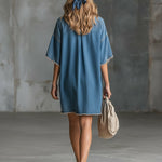 Stylish And Casual Frayed-edge Blue Denim Short-sleeved Mini Dress