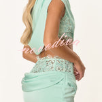 Tanya Satin High Neck Ruched Crop Top and  Lace Cinched Waist Sequin Detail Mini Skirt Set