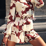 Botanical Print Collared Long-sleeved Loose-fitting Shirt and Elastic Waist Casual Shorts Set