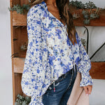 Zeagoo Long Sleeve Boho Drawstring Floral Print V Neck Shirt Buttoned Blouse Casual Tunic Tops