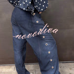 Kadence Denim Side Metal Hollow Ring Detail Pocket Lantern Pants