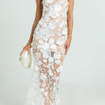 Sienna Floral Embroidered Fabric Off Shoulder Mermaid Silhouette Slit Maxi Dress