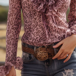 Pink Leopard Chiffon With Ruffled Lace V-neck Long-sleeved Shirt