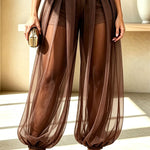 Semi-sheer Mesh Solid Color Mid Rise Patchwork Loose Lantern Pants
