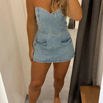 Avantie Denim Off Shoulder Back Smocked Zipper Romper