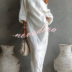 Linen Blend Loose-fitting One-shoulder Lantern Sleeve Casual Pocket Maxi Dress