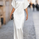 Solid Color Round Neck Short-sleeved Elegant Draped Maxi Dress