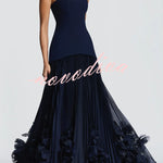 Serafina Strapless Back Lace-up Handcrafted Floral Appliqués Pleated Hem Gown Maxi Dress
