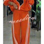 Fashionable Sporty Stripes Long Sleeve Zipper Drawstring Jacket and Elastic Waist Pocket Pants Set