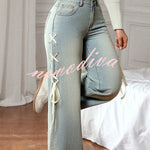 Fashionable Denim Mid Rise Side Ribbon Lace-up Pocket Wide Leg Jeans