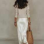 Elegant Knitted Pullover Top and Satin Midi Skirt Set