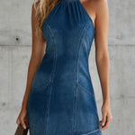Retro Halter Neck Sleeveless Denim Sleeveless Mini Dress