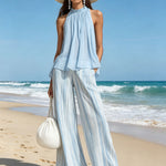 Vacation Light Blue Chiffon Sleeveless Top And Striped Wide-leg Pants Set