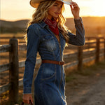 Western Retro Blue Denim Long-sleeved Frayed Mini Dress