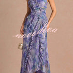 Dream Ode Lily Pad Style Pleats and Ruffles Halter Gown Maxi Dress