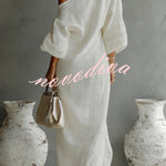 Linen Blend Loose-fitting One-shoulder Lantern Sleeve Casual Pocket Maxi Dress