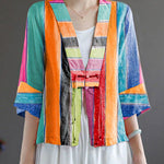 Handmade Orange Deep V Neck Patchwork Cotton Linen Shirt Bracelet Sleeve