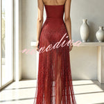 Hot, Sexy Babe Solid Color Off Shoulder Tassel Hem Maxi Dress