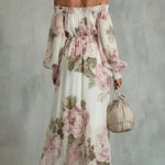 Floral Print Off-Shoulder Long-Sleeve Elastic Waist-Defining Maxi Dress
