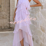 Solid Color Chiffon Halter Neck Elegant Ruffle Maxi Dress