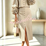Linen Blend Flowers Buttons Floral Cuffs Sleeve Top and Elastic Waist Pocket Midi Skirt Set