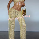 Gold Coast Knit Sequin Fabric Short Sleeve Crop Top and Adjustable Beaded Waist Loose Pants Set