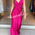 Glow Together Satin Knot Design Shoulder Strap Sleeveless Drape Slit Maxi Dress