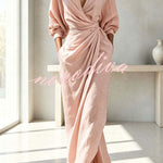 Linen Blend Loose V-neck Pleated Waist Casual Pocket Maxi Dress