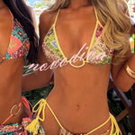 Stylish Sequined Metal Decoration Halter Neck Tie Stretch Bikini Swimsuit and Beach Cover-up Mini Skirt Three-piece Set