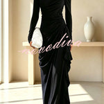 Elegant High Neck Long Sleeve Pleated Draped Fitted Maxi Dress