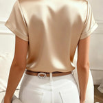 Solid Color Satin Collared Short-sleeved Tie Bow Casual Shirt