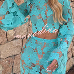 Kylee Floral Cutout Embroidered High Neck Bell Sleeve Crop Top and High Rise Flare Maxi Skirt Set