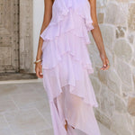 Solid Color Chiffon Halter Neck Elegant Ruffle Maxi Dress