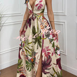 Seinah Floral Print Cutout Waist Open Back Lace-up Slit Maxi Dress