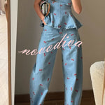 Sweet Casual Denim Cherry Print Princess Seams Flare Vest Top