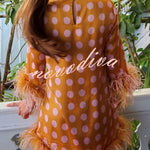 Playful and Cute Satin Polka Dot Print Half Sleeve Feather Trim H-line Mini Dress