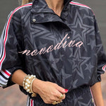 Rylee Colorblock Striped Star Print Zipper High Neck Pocket Sporty Jacket