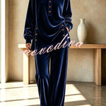 Velvet Button Detail Shirt Neck Top and Elastic Waist Pocket Wide Leg Pants Set