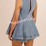 Adventure Awaits Denim Vertical Seam Sleeveless Flare Hem Top and Elastic Waist Pocket Shorts Set