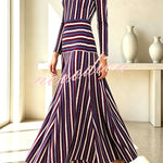 Luna Striped Round Neck Shoulder Pads Long Sleeve Fitted Waist Maxi Dress