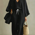 Linen Blend Solid Color Loose Cardigan V-neck Sleeveless Vest and Elastic Waist Pocket Straight Leg Pants Three-piece Set